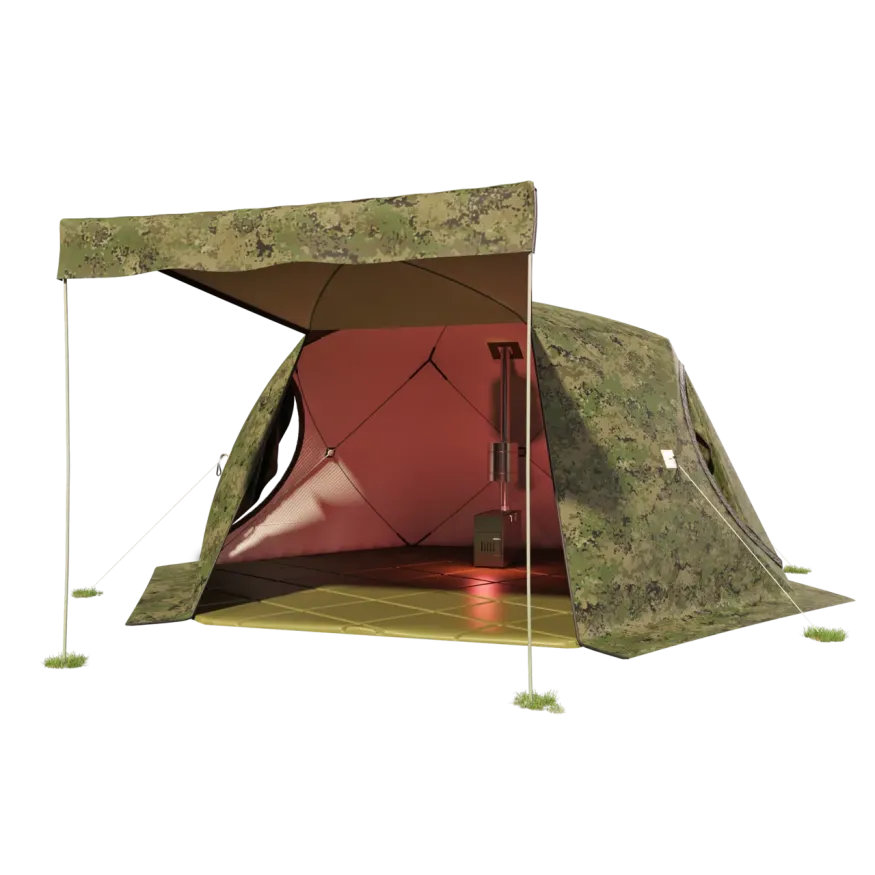 Палатка зимняя ЧУМ 2 (трехслойная, камыш с выводом под трубу и навесом)